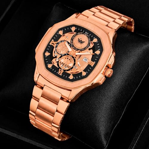 Image of Godfather Square Chrono Look New Golden Date Working Stainless Steel Strap Boys Analog Watches