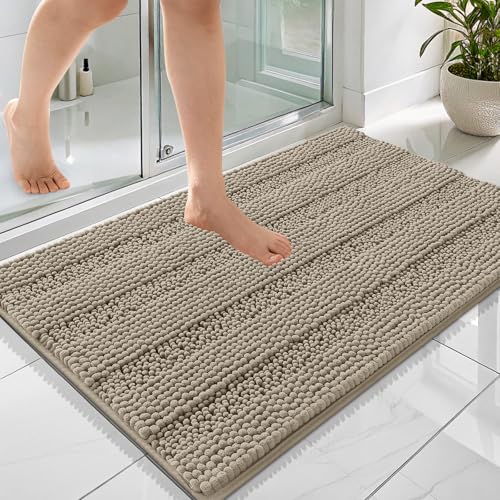 Image of OLANLY Thick Bathroom Rugs 36x24, Extra Soft Absorbent Chenille Striped Bath Rugs, Rubber Backing, Machine Wash Dry, Bath Mats for Bathroom Floor, Tub and Shower, Home Decor Accessories, Warm Taupe