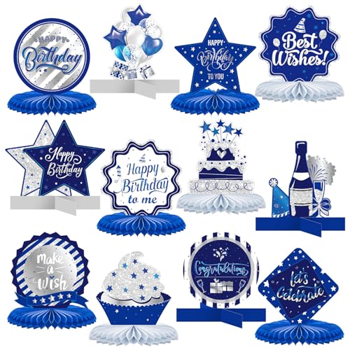 Clabby 12 Pieces Birthday Table Decorations Honeycomb Centerpieces for Table Decor Cute Birthday Honeycomb Topper for Women Men Anniversary Theme Party Supplies Photo Props(Blue)