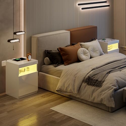 Amerlife CCT015 Modern Nightstand Set Of 2, Led Nightstand With Wireless Charging Station, High Glossy Bedside Table Cabinet With Remote Control, End Tables, 24.4 Inch Bedroom Furniture thumb #6