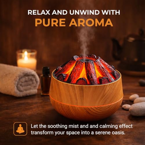 Image of Pure Aroma 300ML Volcano Flame Aroma Diffuser | Ultrasonic Cool Mist Humidifier with LED Flame Effect | Essential Oil Diffuser for Home & Bedroom