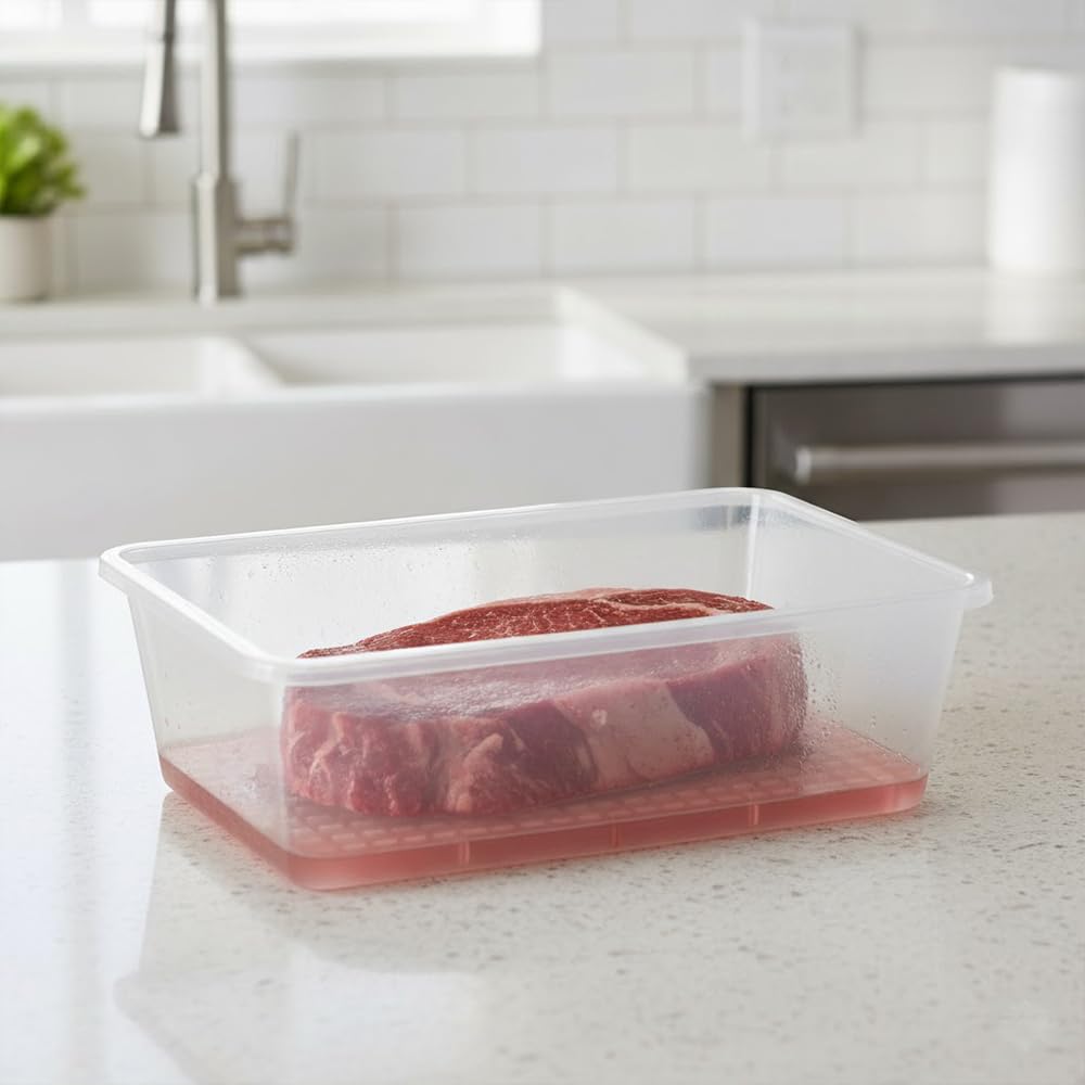 Pack 6 Bandejas Descongelar Alimentos 6,5L Tapa Rosa y Rejilla Antigoteo | 36 x 24 x 12,5cm. Sin BPA. Recipiente para descongelación más higiénica. Ideal cocinas, restaurantes, hostelería y cátering