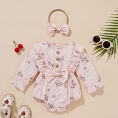 2Pcs Infant Baby Girls Romper Headband 0-24M Ruffles Long Sleeve Off Shoulder Flowers Printed Jumpsuit Clothes (Pink-Daisy, 6-9 Months) #TOP1
