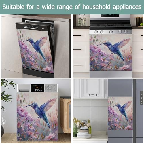 Image of Dishwasher Cover,Spring Hummingbird Reusable Dishwasher Magnet Cover,Decorative Purple Flowers Magnetic Refrigerator Cover Front Panel Cover for Kitchen Decor 23x26 Inch