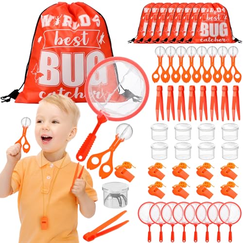48 Pcs Bug Catching Kit for Kids Outdoor Explorer Kit Includes Catching Scissors Tongs Tweezers Clamp Bug Cage Whistle Insect Net Drawstring Bag for Boys Girls Educational Adventure Hunting, Orange