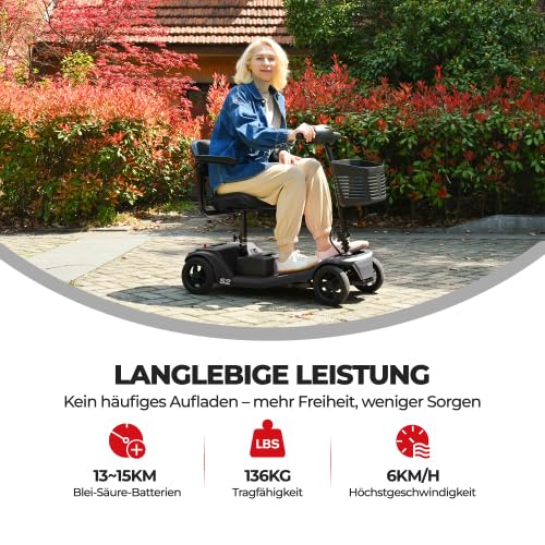 Scooter de movilidad de 4 ruedas y 6 km/h, scooter eléctrico para personas mayores, capacidad de carga de 136 kg, autonomía de 15 km, batería extraíble, luz LED, USB, negro