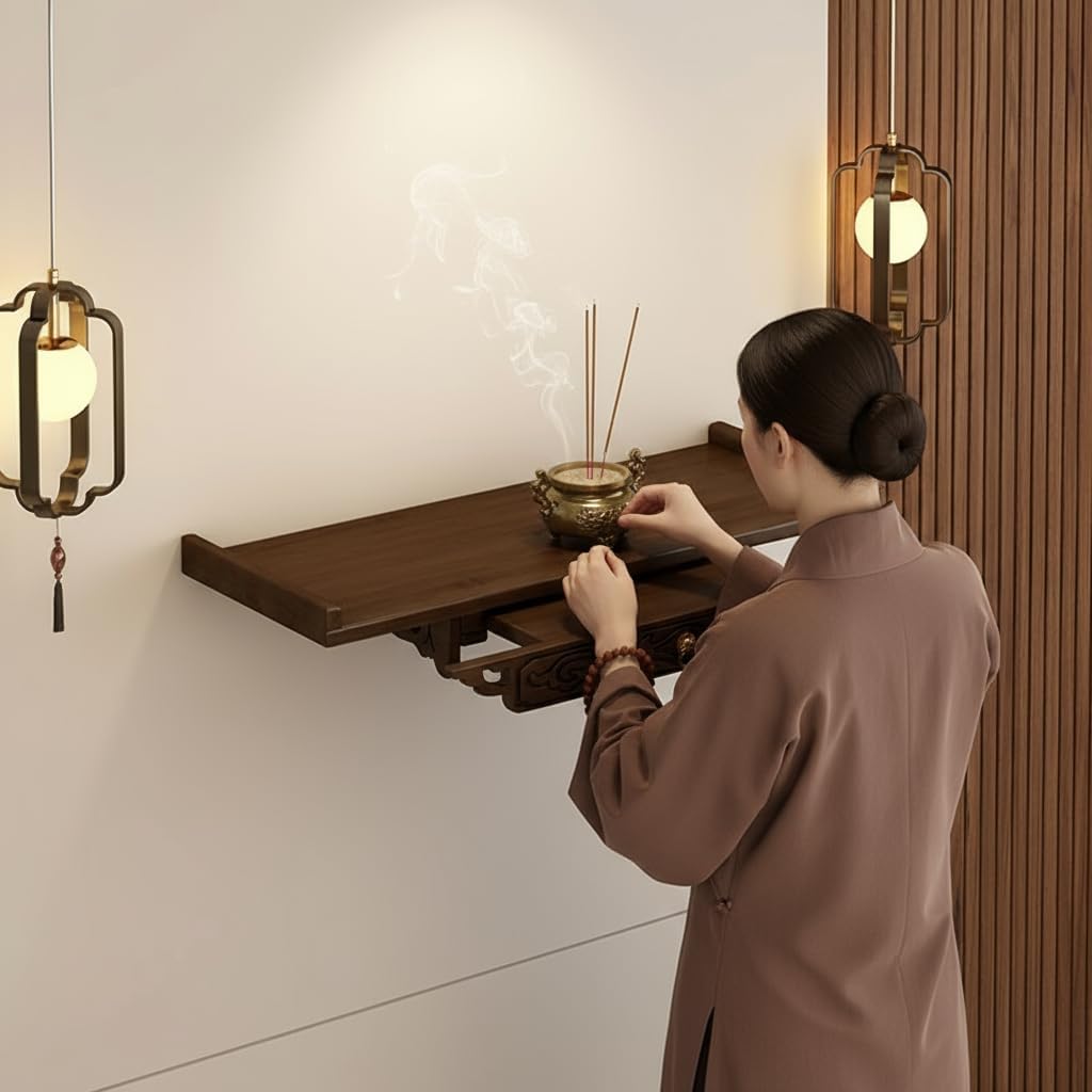 Wall-Mounted Buddha Statue Stand, Guanyin God Stand Shelf with Telescopic Drawers, for Place Displaying Buddhist Supplies offerings, Bamboo Wooden Shrine Altar Table for Home Temples