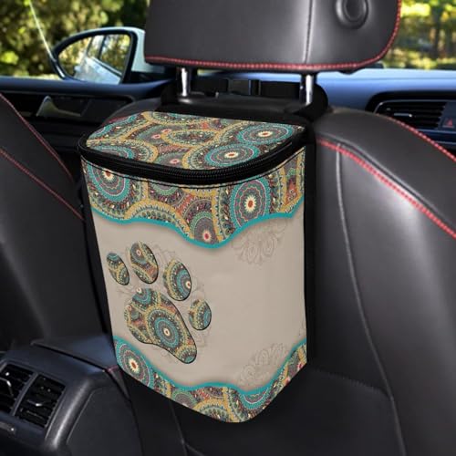 Image of Talayituse Boho Mandala Print Car Trash Can, Dog Paw Design Portable Auto Garbage Bin Multifunctional Vehicle Interior Accessories with Adjustable Straps Universal Fit Truck SUV Sedan