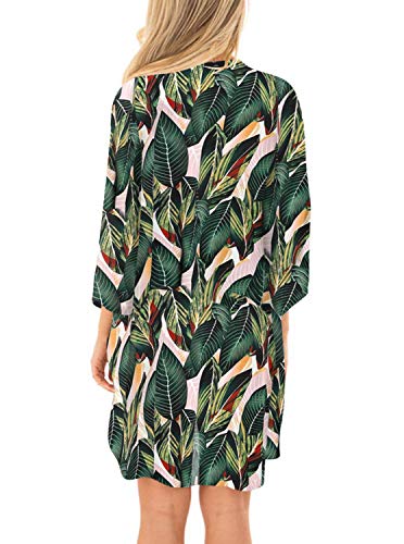 Women's Long Sleeves Open Front Leopard Print Kimono Cardigan Chiffon Casual Loose Cover Up Tops Dark Green Leaf Large