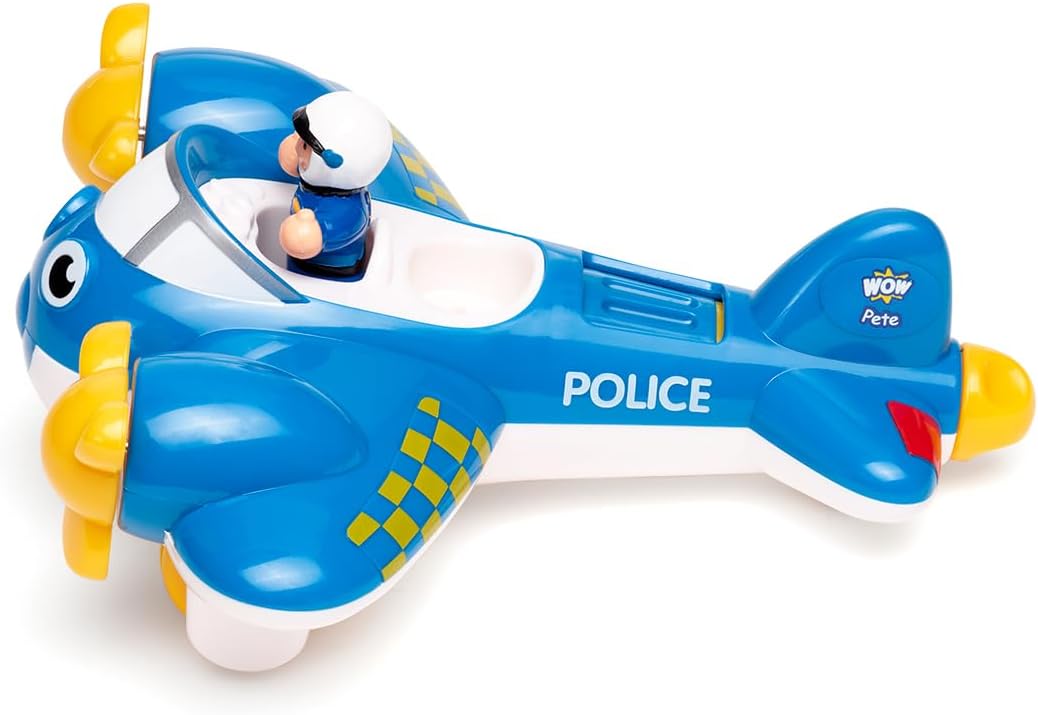 Wow Toys Police Plane Pete – Friction Powered Toy Plane with Pilot & Police Figures | No Batteries, Durable Preschool Vehicle for Toddlers Ages 1–5