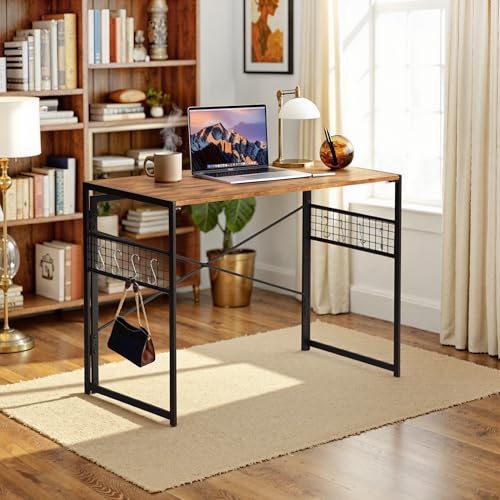 Bureau d'ordinateur pliable 100cm table écriture industrielle bois métal marron