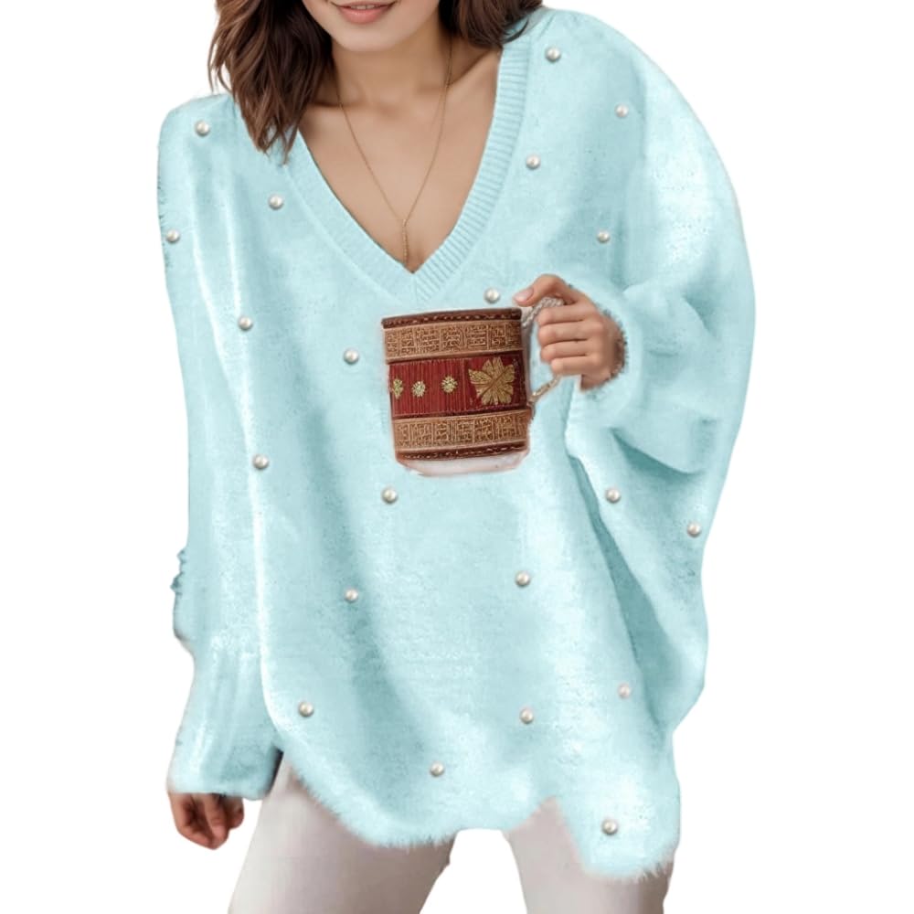 Womens Fuzzy Oversized V Neck Pearl Embellished Pullover Sweater Casual Loose 2024 Trendy Dressy Aesthetic Knit Tops