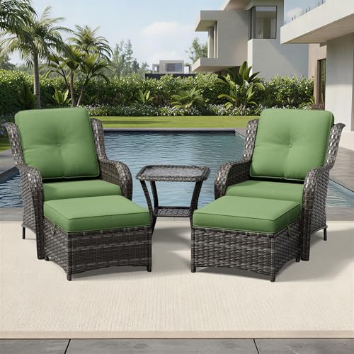 Image of Joyside 5 Piece Wicker Patio Furniture Set, Rattan Patio Chairs with High Back, Deep Seating, Wide Armrest, Thickened Cushions, Outdoor Furniture for Deck, Porch Use