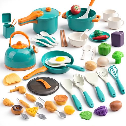 60Pcs Kids Mini Play Kitchen Accessories Pretend Cooking Play Set with Cookware Tableware & Fruit & BBQ Sets Learning Gift for Boys Girls Toddlers Green