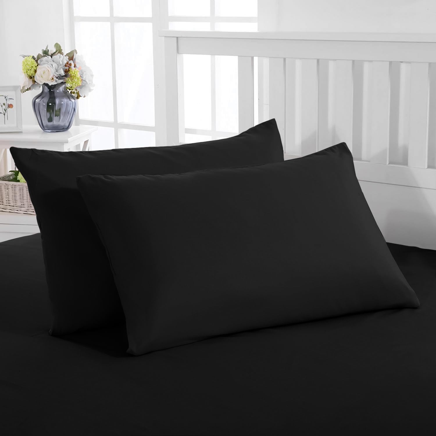 PRIME LINENS Pillow Cases 2 Pack Standard Size Microfibre Pillow Cover with Envelop Closure Wrinkle Fade Resistant Pillowcases Machine Washable (Black