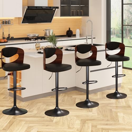 VECELO Barstools Set of 4,Kitchen Island Stools with Bentwood Back,Arm&Footrest,Counter Height Stools PU Leather Adjustable Height,Swivel Bar Chairs for Club Pub and Salon,Black
