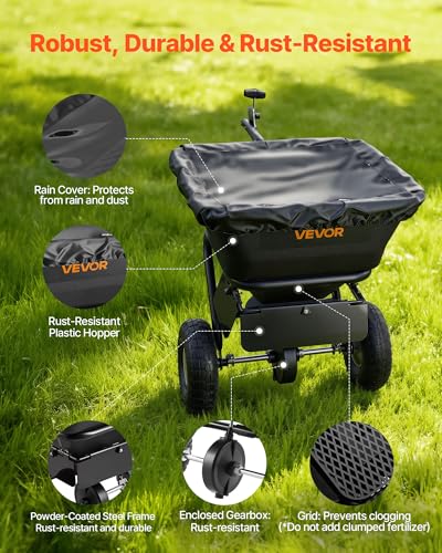 Image of VEVOR Tow-Behind Spreader, 9.8 ft Spreading Width, Broadcast Spreader with 10 inch All-Terrain Tires, 85 lbs Capacity Hopper, Adjustable Flow Control, Lawn Spreaders for Seed Fertilizer Ice Melt