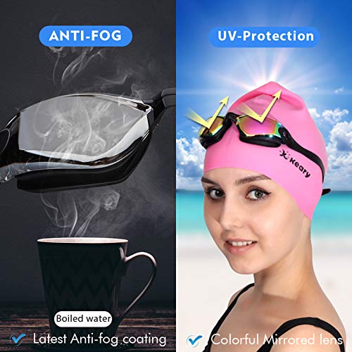Image of Keary 2 Pack Anti-Fog Swim Goggles for Adult Youth, Anti-UV Waterproof Triathlon Pool Goggles with 3 Nose Pieces