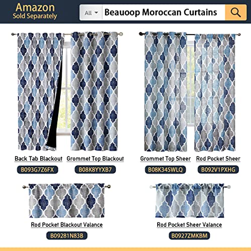 Beauoop Lattice Blackout Window Valance Curtain Panels Thermal Insulated Noise Reduction Drapes For Kitchen Cafe Living Room Quatrefoil Window Treatment Sets Rod Pocket, 50W X 18L, Blue/Gray, 1 Panel #TOP6