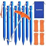 Owldacious 7 Inch Ultralight Aluminum Tent Stakes (8Pcs) – Includes 4X 10ft Guylines, Puller & Storage Bag. Non-Rust Metal Ground Spikes Tent Pegs for Camping.