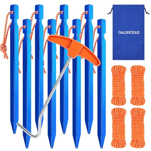 Owldacious 7 Inch Ultralight Aluminum Tent Stakes (8Pcs) – Includes 4X 10ft Guylines, Puller & Storage Bag. Non-Rust Metal Ground Spikes Tent Pegs for Camping.