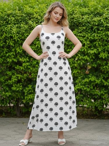 Image of Aahwan White Printed Round Neck Sleeveless Backless Long Indo Western Fusion Dress for Women's & Girl's