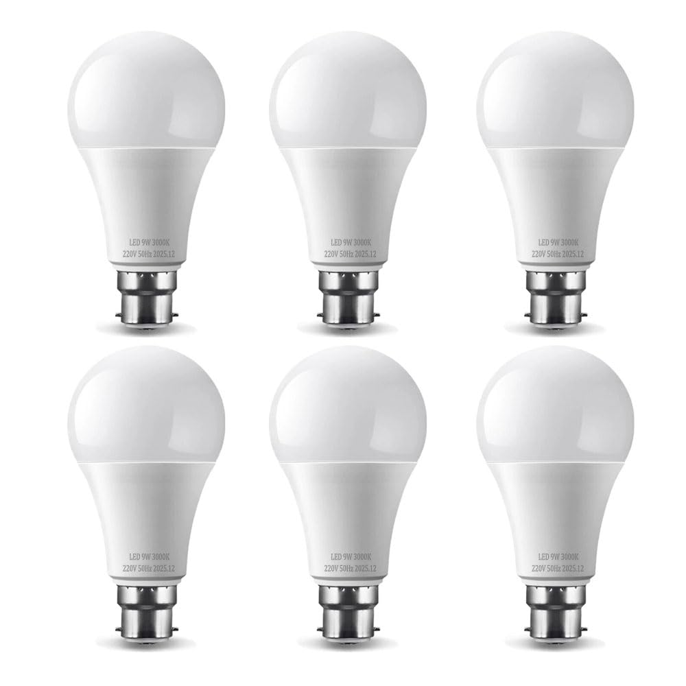 MOAVEQ B22 Light Bulbs Bayonet 9W 3000K 800LM Warm White 60W LED Bulb Non-Dimmable Energy Saving Lightbulbs 6 Pack