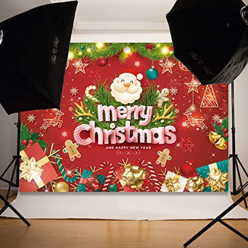 Image of 7x5FT Merry Christmas Banner - Santa Claus & Reindeer Background - Red Xmas Party Backdrop for Kids
