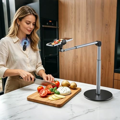Image of yAyusi Vlogging Kit for iPhone /Android, 13.7 in Long Overhead Phone Mount, Microphone /Remote Control, Flexible Articulating Arm Phone Mount for Desk for Live Streaming, Meeting, Cooking, Filming