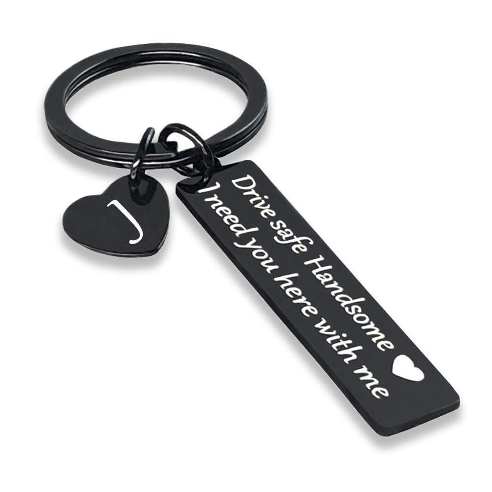 SSLBeryl Drive Safe Keychain for Him | I Need You Here With Me Keychain Anniversary Birthday Gifts for Boyfriend Husband, J-black, 1.97x0.47inch