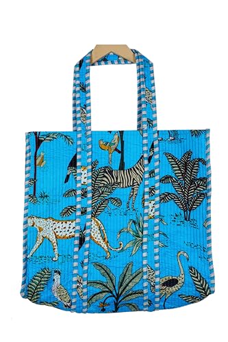 Image of Quilted Cotton Hand printed Reversible Large multicolor cotton Tote Bag,Indian Handmade Block Printed Tote Bag Women Handbag