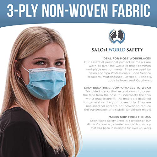 Tcp Global Salon World Safety - Sealed Dispenser Box Of 50 Face Masks Breathable Disposable 3-Ply Protective Ppe With Nose Clip And Ear Loops #TOP3