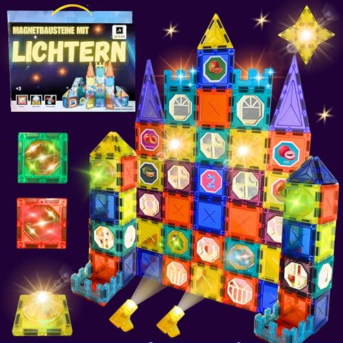 AUVAN Construcciones magneticas niños con luces que cambian de color! Bloques magneticos construccion niños Juego imanes 76 PCS bloques de construcción magnéticos magnetic tiles juguetes niño 3 años +