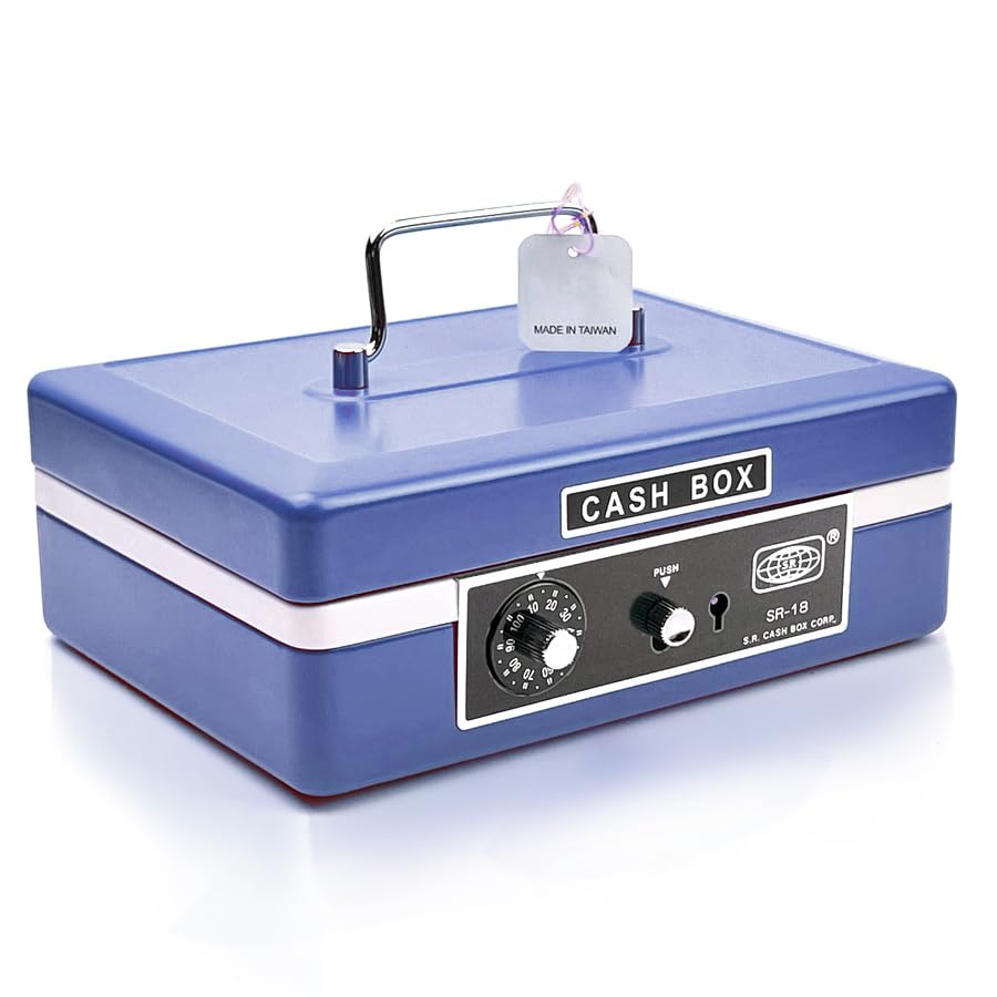 oddpod™ SR Taiwan Imported Metal Cash Box with Dual Combination & Password Lock Medium Size Money Box for Cash, Jewellery Safe Locker with Removable Plastic Coin Tray - Blue