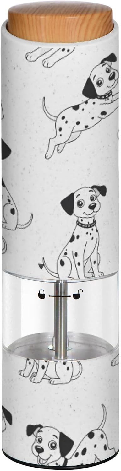 ALAZA Electric Pepper Grinder with Adjustable Coarseness, Dalmatian Cute Pattern Battery Automatic Salt and Pepper Mill with Led, One-Handed Operation Spice Grinder for Kitchen, Camping & BBQ
