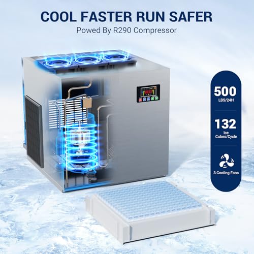 Commercial Ice Maker 500 LBS/24h,132 Ice Cubes Ready in 5-15 min with 400 LBS Storage Bin, Self-Cleaning Stainless Steel Industrial Ice Machine Perfect for Bar Restaurant Cafe