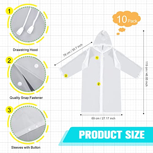 Vicenpal 10 Pcs Rain Ponchos for Adults Reusable Raincoat EVA Rain Coats for Women Men Waterproof Jacket with Drawstring Hood Sleeves2