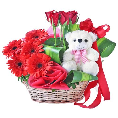 IFG's Beautiful Basket Arrangement of Red Gerberas, Red Roses, 10 pcs Fresh Flowers with Teddy - Same Day Delivery-image-41