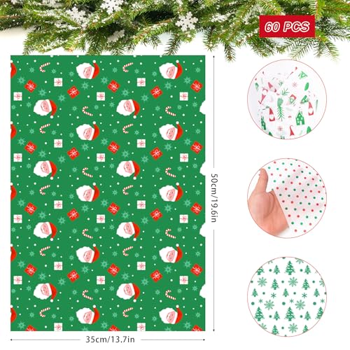 Image of Larcenciel Christmas Tissue Paper - 60 Vintage Green & Red Sheets, Santa Snowflakes Xmas Wrapping Paper for Gift Bags, Gift Wrap, Crafts, Party Decor - 20x14in