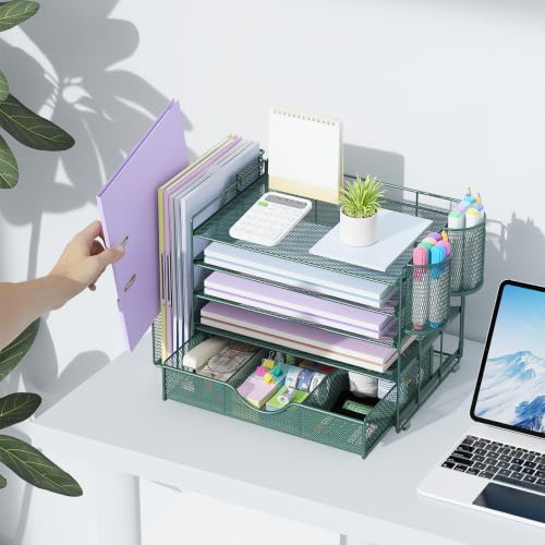 Image of gianotter 5-Tier Desk Organizer with Drawers and File Holders | Letter Trays and Pen Holders - Workspace Accessories for Office Supplies (Green)