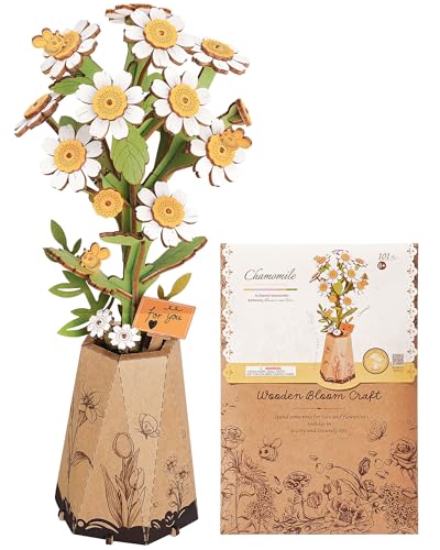 ROBOTIME 3D Holzpuzzle Künstliche Blumen Modellbausätze für Erwachsene zum Bauen, Kreative Wohnkultur, Accessoires Wohnzimmer, Geschenke für Frauen am Valentinstag, Blumenstrauß (Kamille)