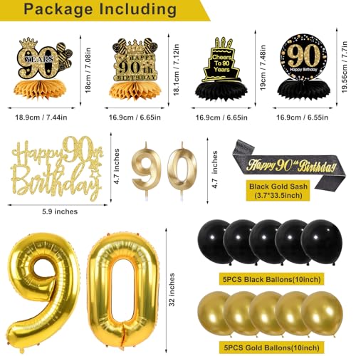 Image of 90th Birthday Decorations for Men, Black Gold 90th Party Decoration Kits | 27pcs Happy 90th Birthday Set, Banner, Honeycomb, Balloons, Gold Number, Candle, Hanging Swirls, Cake Topper, Party Supplies