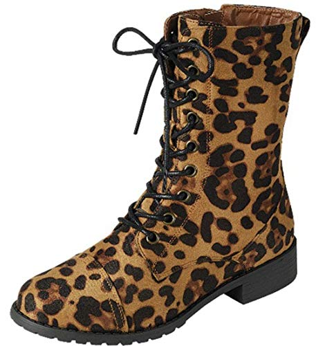 Image of Forever Link Womens Round Toe Military Lace Up Knit Ankle Cuff Low Heel Combat Boots