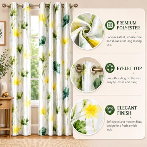 Image of HUTI 5 feet Green Window Curtain Set of 2 | Semi-Transparent Floral Printed Curtain | Soft Knitted Polyester | Eyelet Window Curtain for Living Room & Bedroom 4x5 Ft (120x152 cm) | Best for home decor