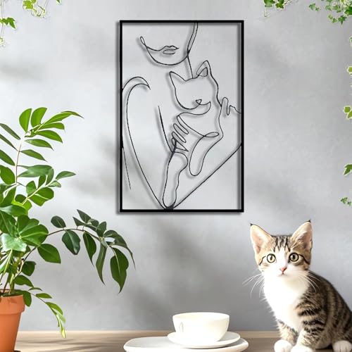 DUOOLN Women & Cat Metal Wall Decor Art- Modern Minimalist Line Hanging Sign, Woman and Animal Style Paintings for Bedroom Bathroom Living Room Home Elegant Feature Wall- Style A -15.7x10.2in
