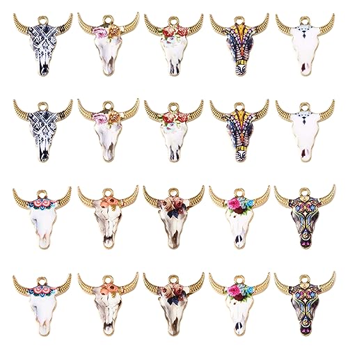 Spritewelry 20 dijes esmaltados de cabeza de ganado de 10 estilos, colgantes de flores, vaca, ganado, forma de cabeza de buey, dijes de animales para aretes, collares, pulseras, llaveros, joyería y