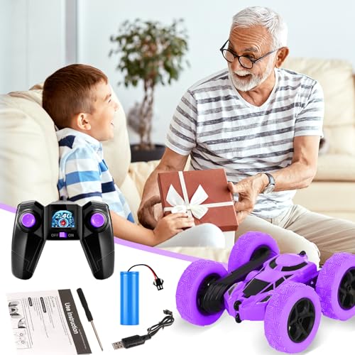 MidiVix Ferngesteuertes Auto, 90 Min Spielzeit, 2.4Ghz Doppelseitig 360° drehbare RC Stunt Crawler mit Scheinwerfern, 4WD Off Road Drift RC Auto Spielzeug Geschenke für Jungen 6-12 Lila