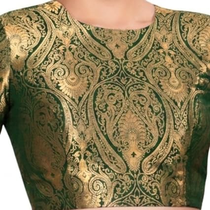 Image of Studio Shringaar Women Brocade Silky Jewel Neck Readymade Elbow Length Sleeve Saree Blouse