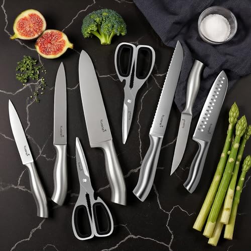 Image of KUISINE Upgraded Premium Chef Knife Set,High Carbon Stainless Steel Razor-sharp Blade Ergonomic Non-slip Steel Handle,Block Knife Set with Built-in Sharpener(Black Silver,15PCS)