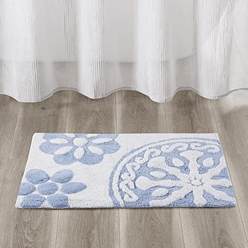 Madison Park Casablanca 100% Cotton Tufted Bathroom Rugs Luxurious Plush Medallion Floral Pattern Bath Mat Absorbent, Quick Dry, Spa Design Shower Room Décor, Rectangular 20x30, Blue